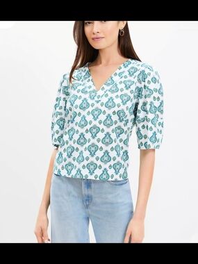 NWT LOFT Teal Medallion Paisley Puff Sleeve V-Neck Boxy Blouse Sz XS